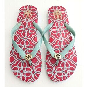 Tory Burch Thong Flip Flops Red/Aqua Medallion Insole Gold Logo 9M